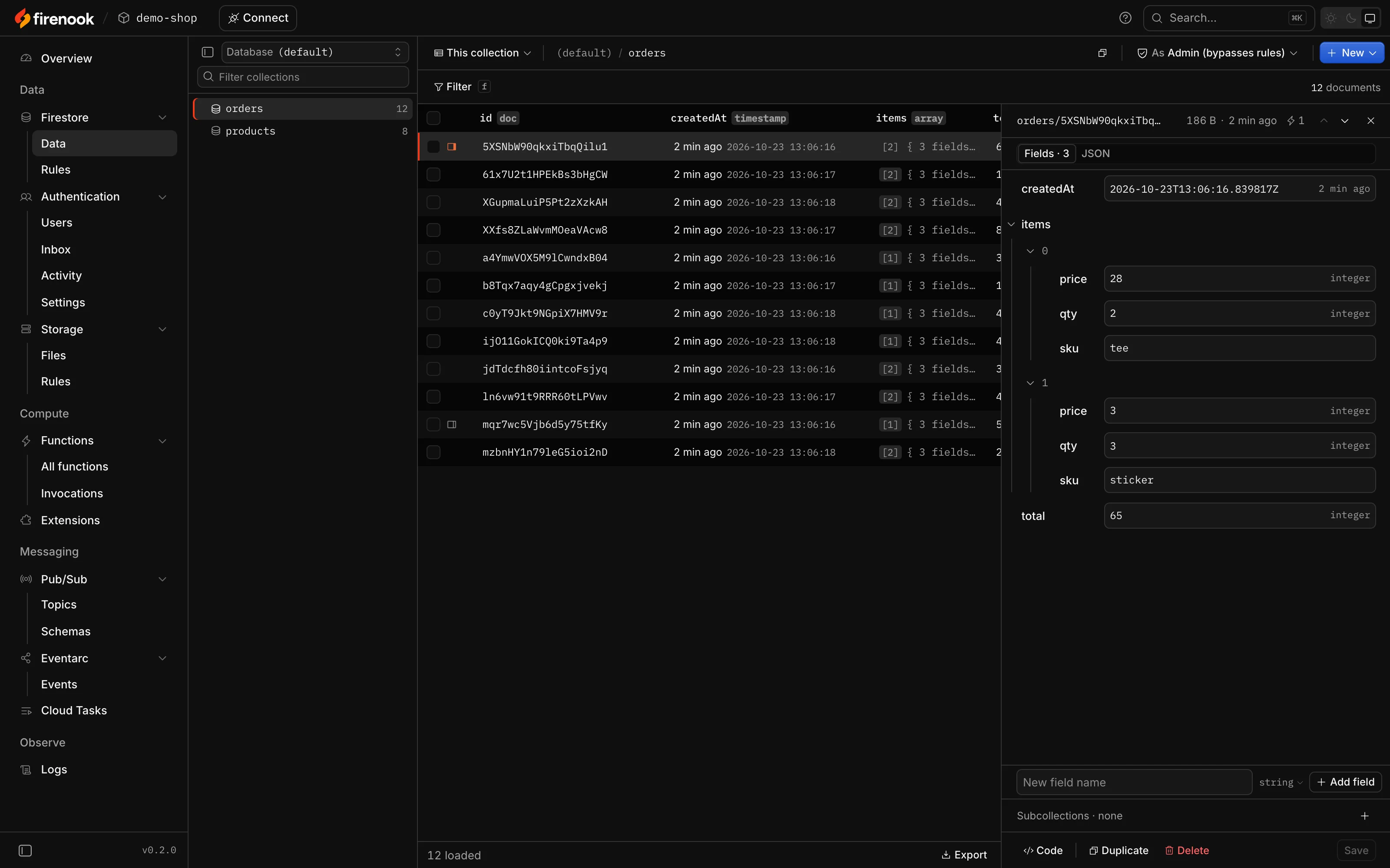 Firestore: collections, a page of orders and one order open for editing