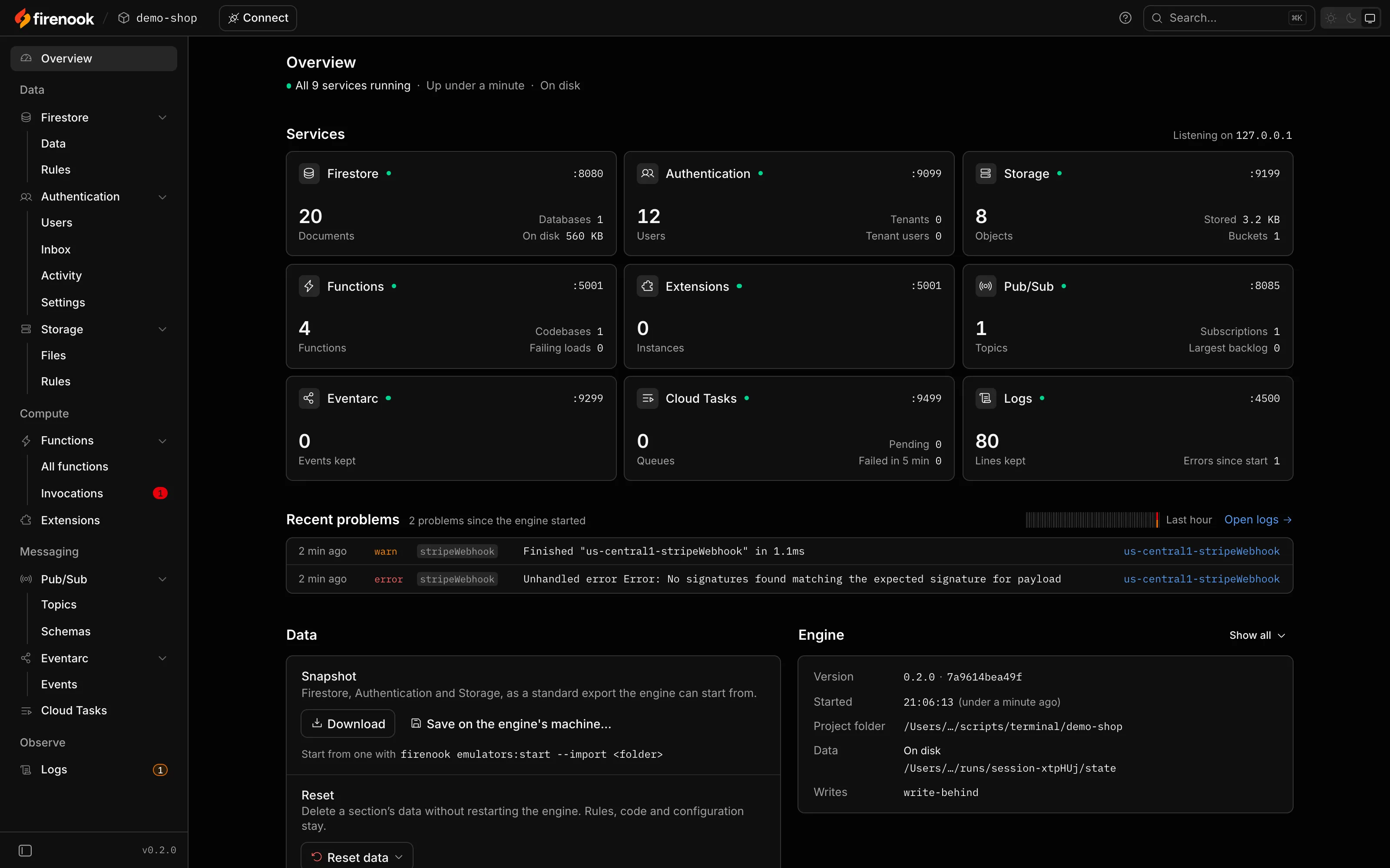 The console’s Overview: all nine services running with their ports and counts, recent problems, the data and the engine