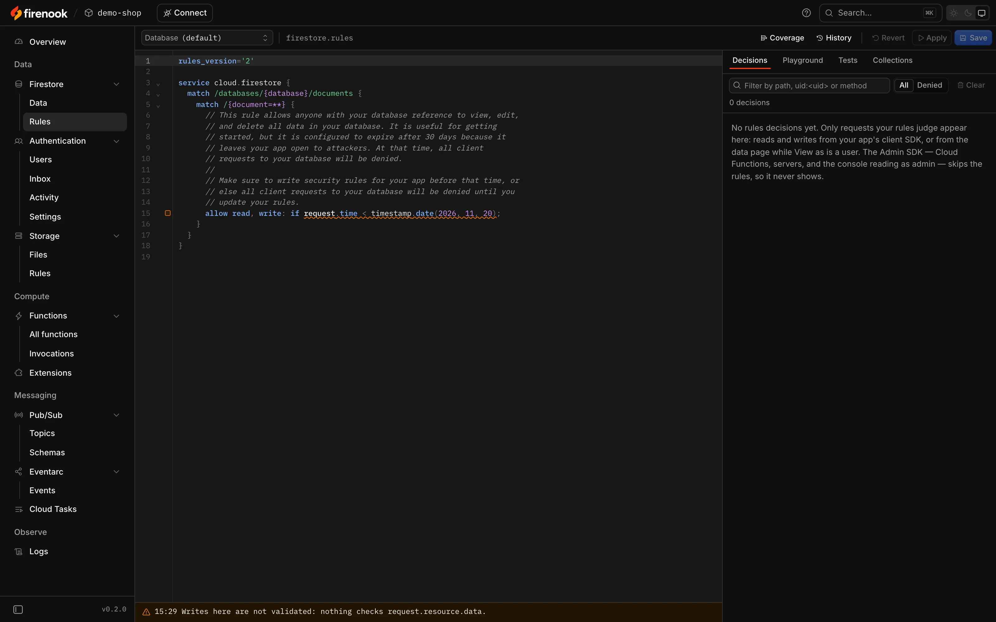 Firestore rules: the rules file in an editor, with the decisions, playground, tests and coverage beside it